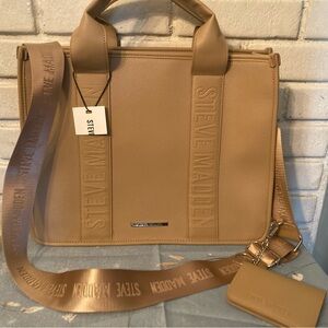 Steve Madden Beige/Tan Structured Messenger Bag with Logo Strap